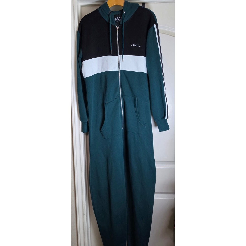 boohooMAN Mens Hooded Green Black Colorblock Jumpsuit Loungewear Size‎ M